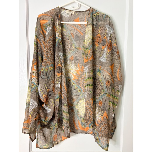 Umgee Other - Umgee USA Boho Peacock Print Pom Pom Trim Kimono Cardigan Orange Tan M/L A9147